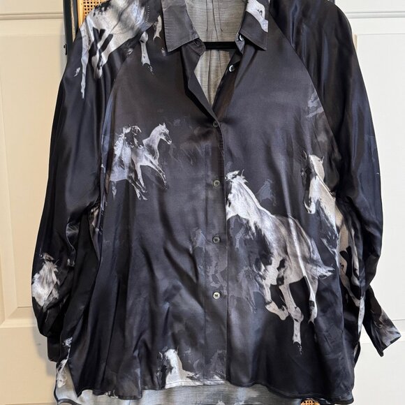 All Saints Silk Blend Blouse Long Sleeve Button up Lovely All Over Horse Print! - Picture 4 of 8